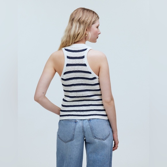 Madewell Womens Crochet-Knit Crewneck Sweater Tank N0991 Sz XS in Blue&White NWT - Picture 3 of 7